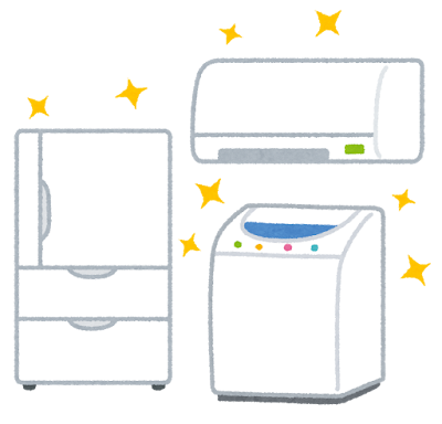 ピカピカの家電(冷蔵庫・洗濯機・エアコン)のイラスト