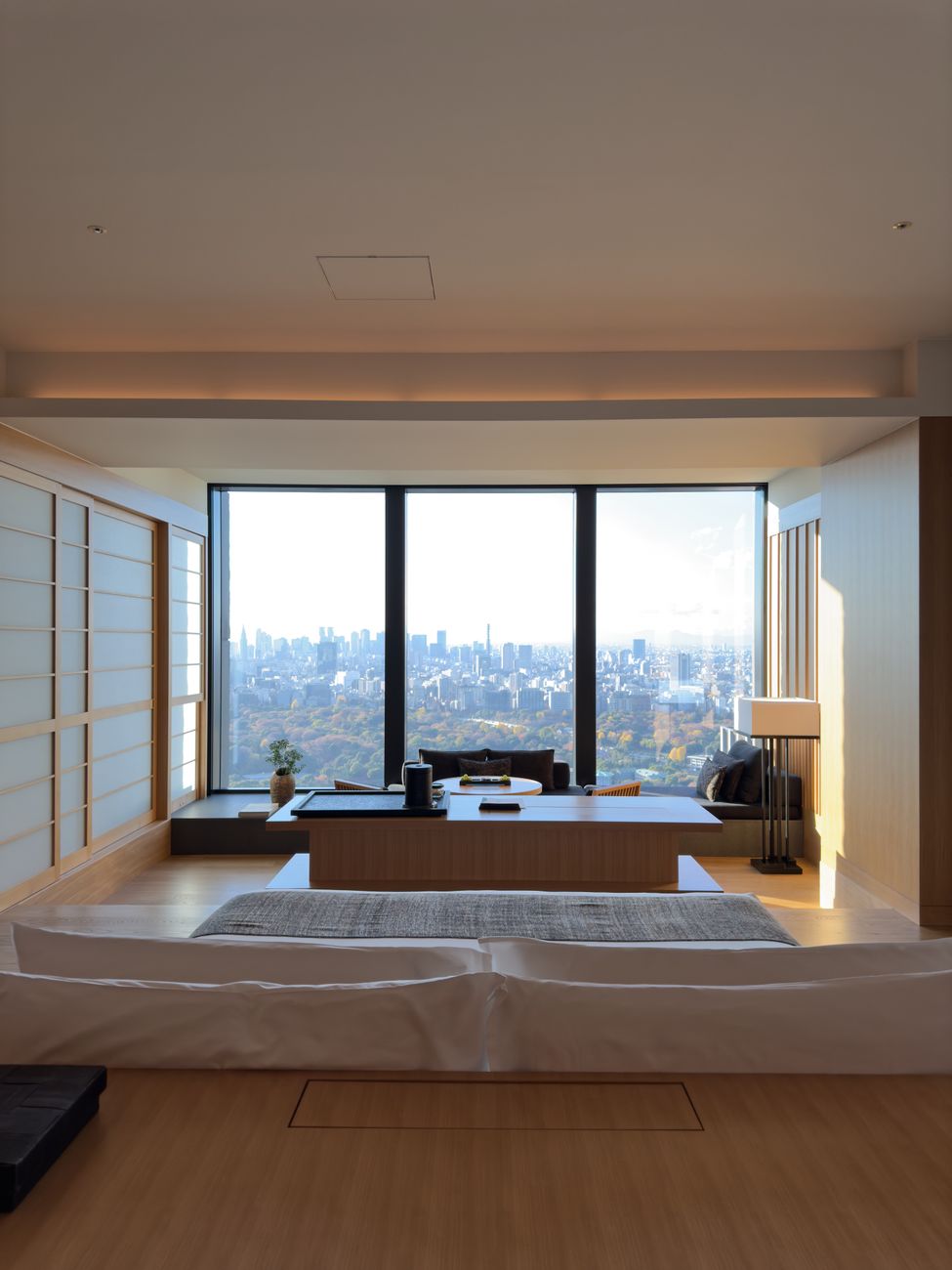 modern minimalist apartment with city view