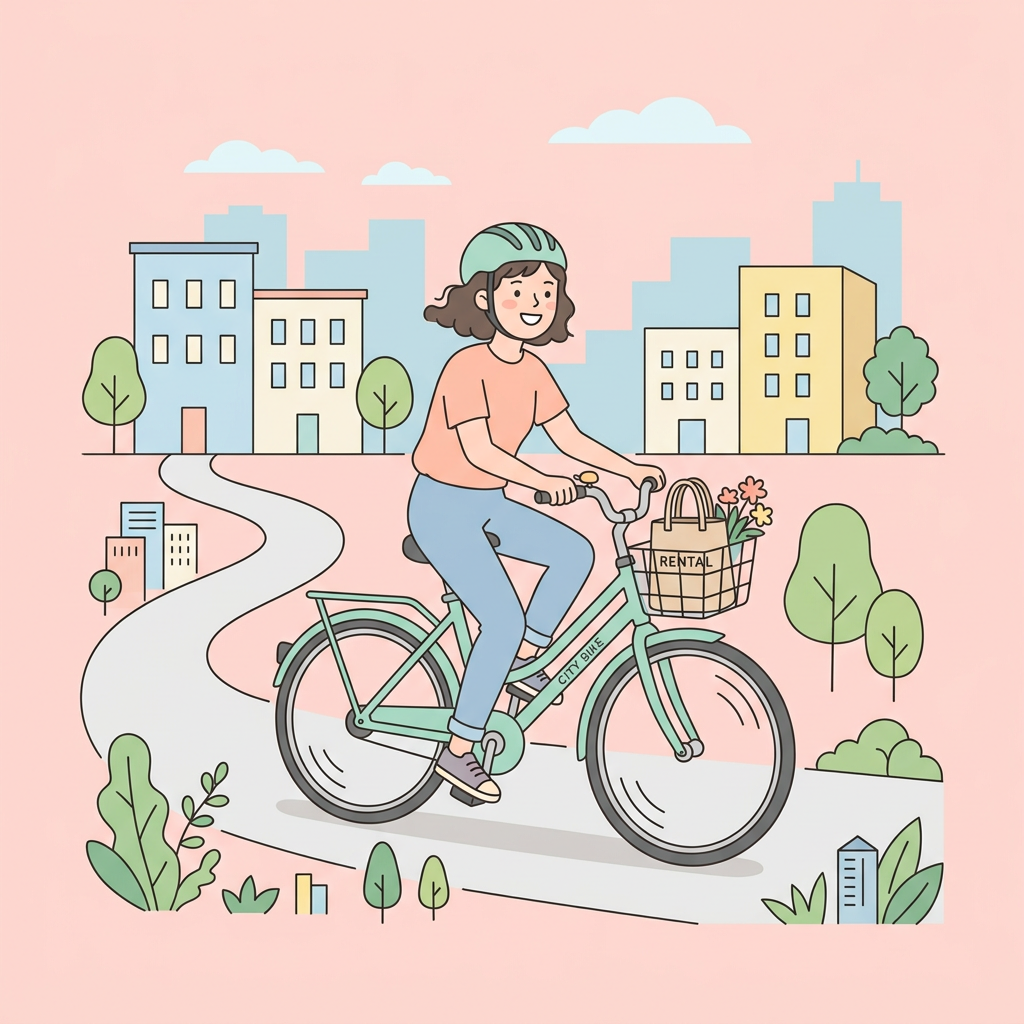 Smiling woman riding a rental bicycle through a colorful city