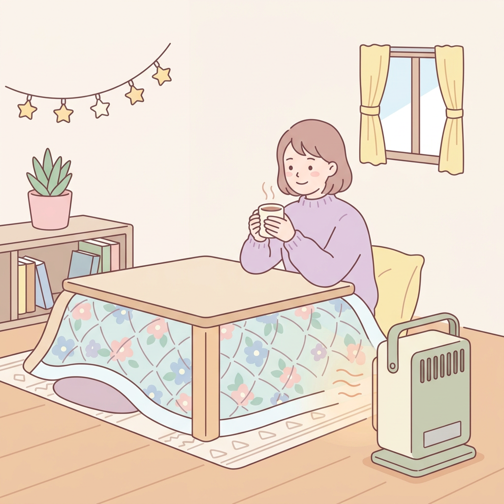 こたつでくつろぐ一人暮らしとヒーター