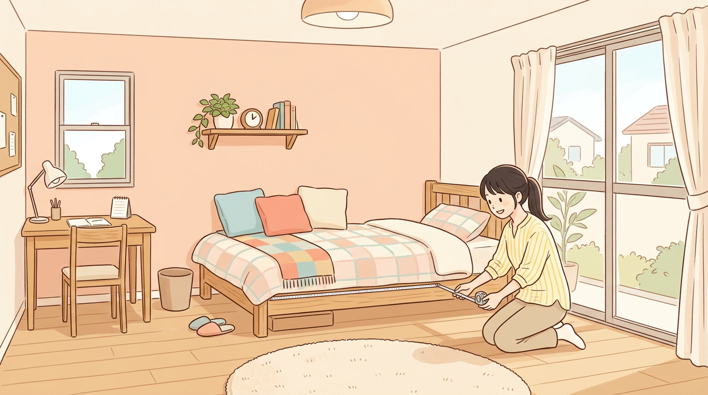 女性がベッドのサイズを測る部屋