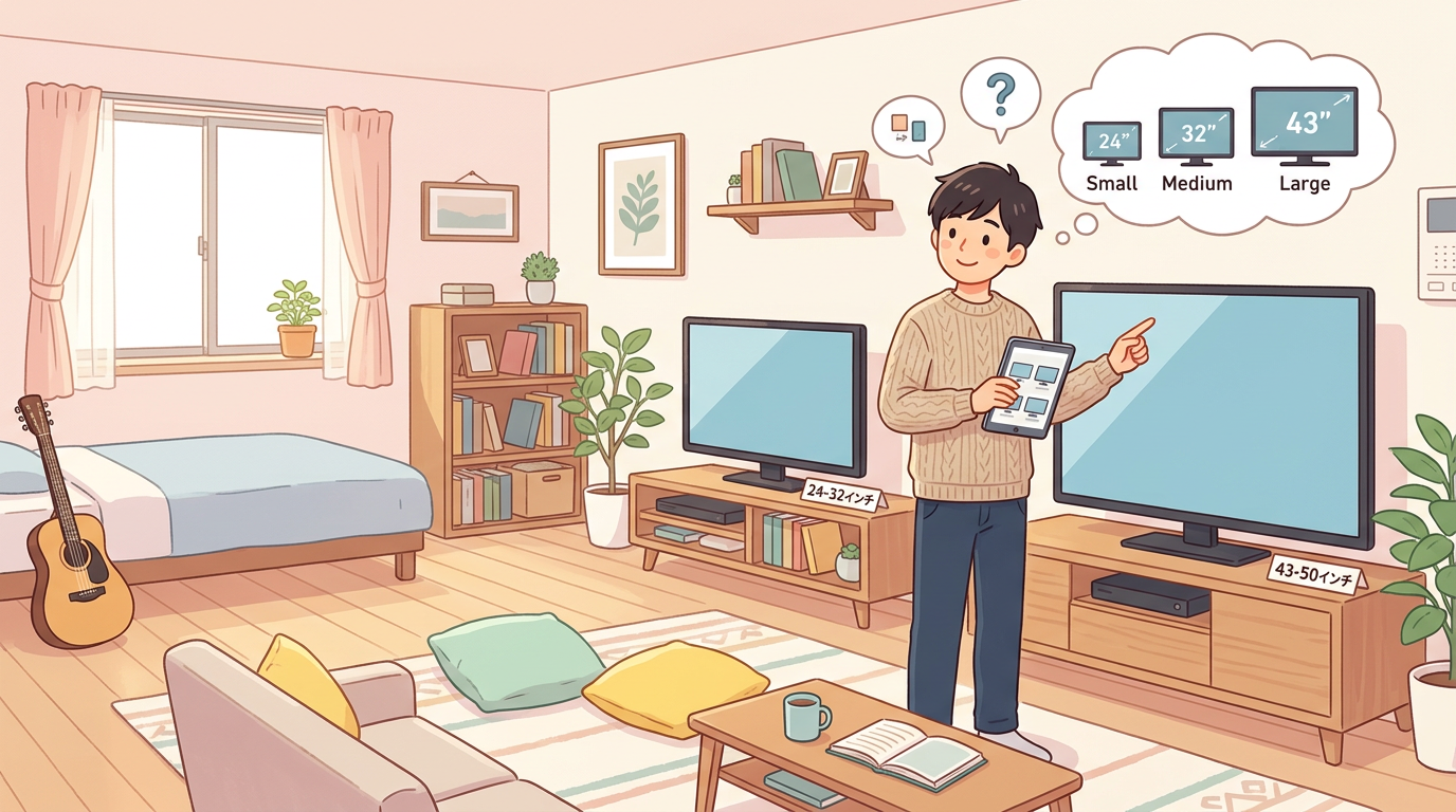 男性がテレビサイズを選ぶ暖色パステルのワンルーム