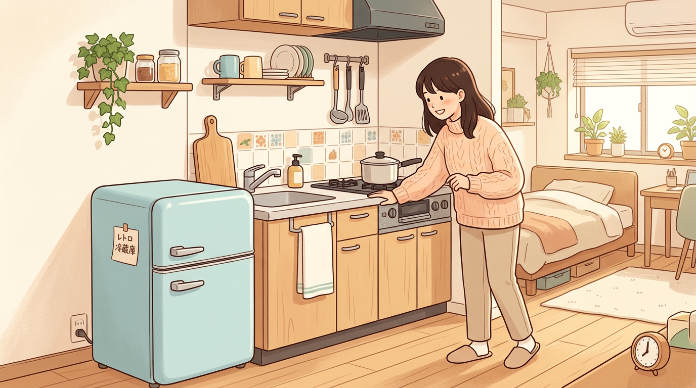 Woman cooking in a cozy kitchen beside a retro refrigerator labeled レトロ 冷蔵庫
