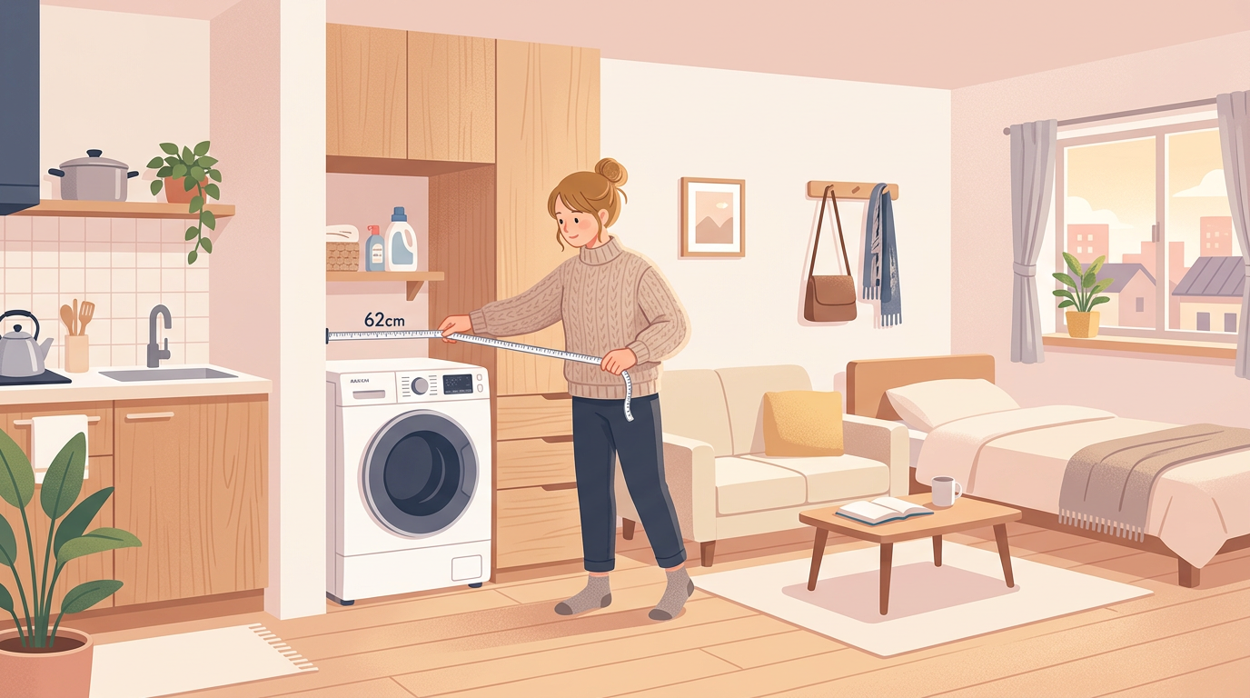 Woman measuring a shelf beside a washing machine in a studio apartment