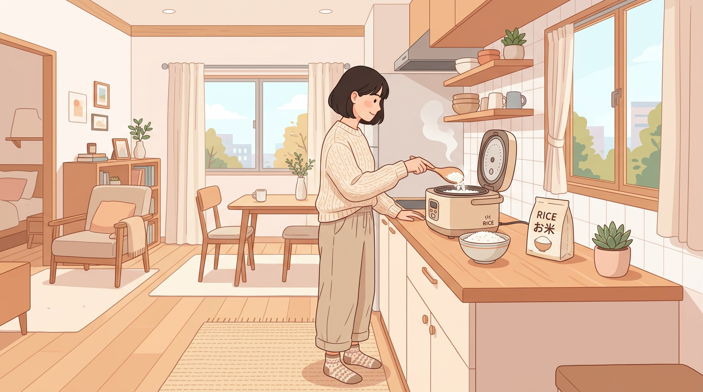 Woman serving freshly cooked rice in a bright home kitchen