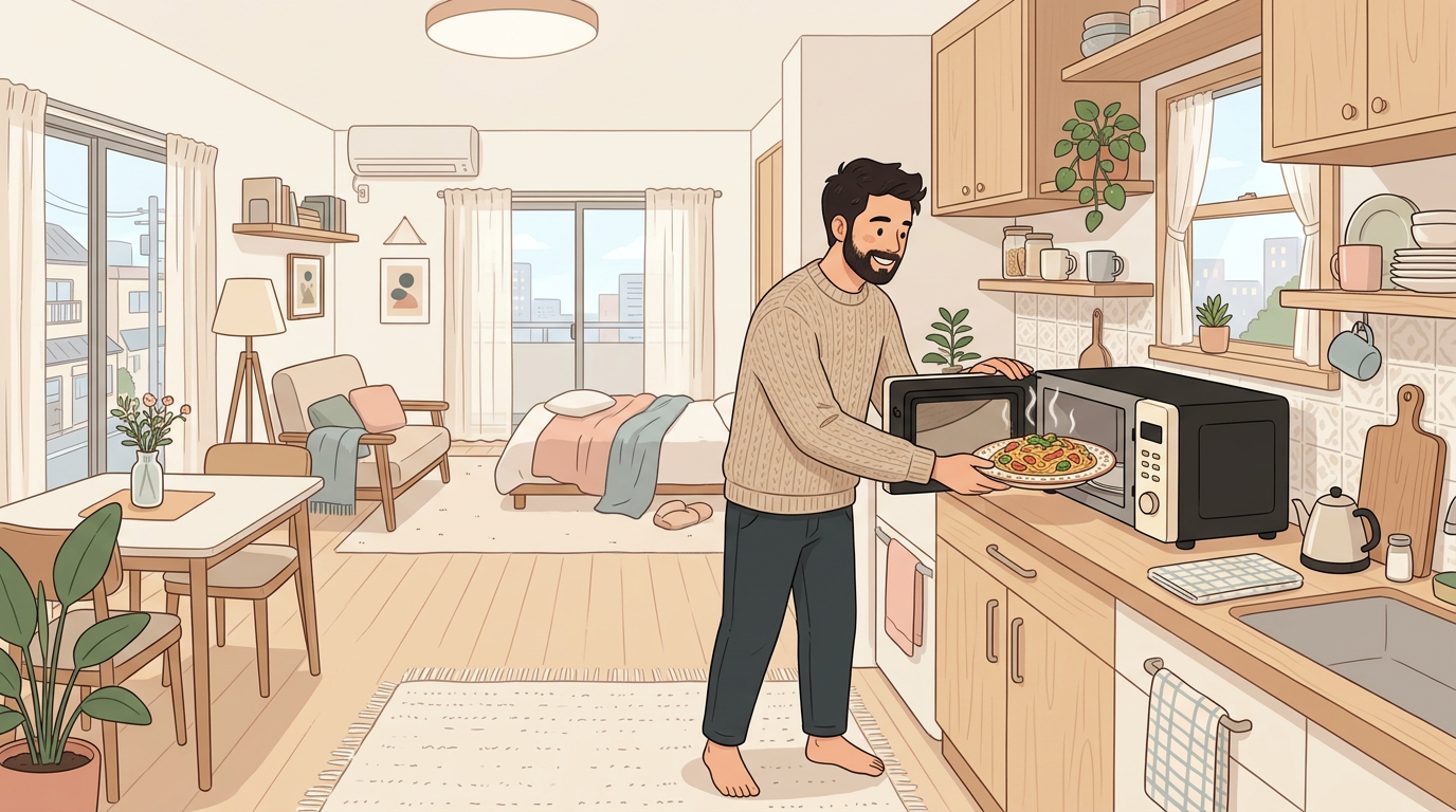 Man carrying a freshly baked pizza from a countertop oven