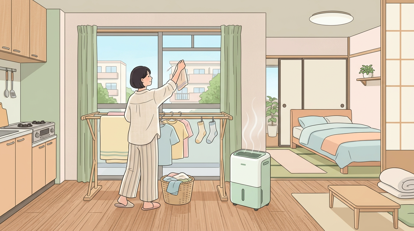 Woman hanging laundry beside a running dehumidifier in an apartment