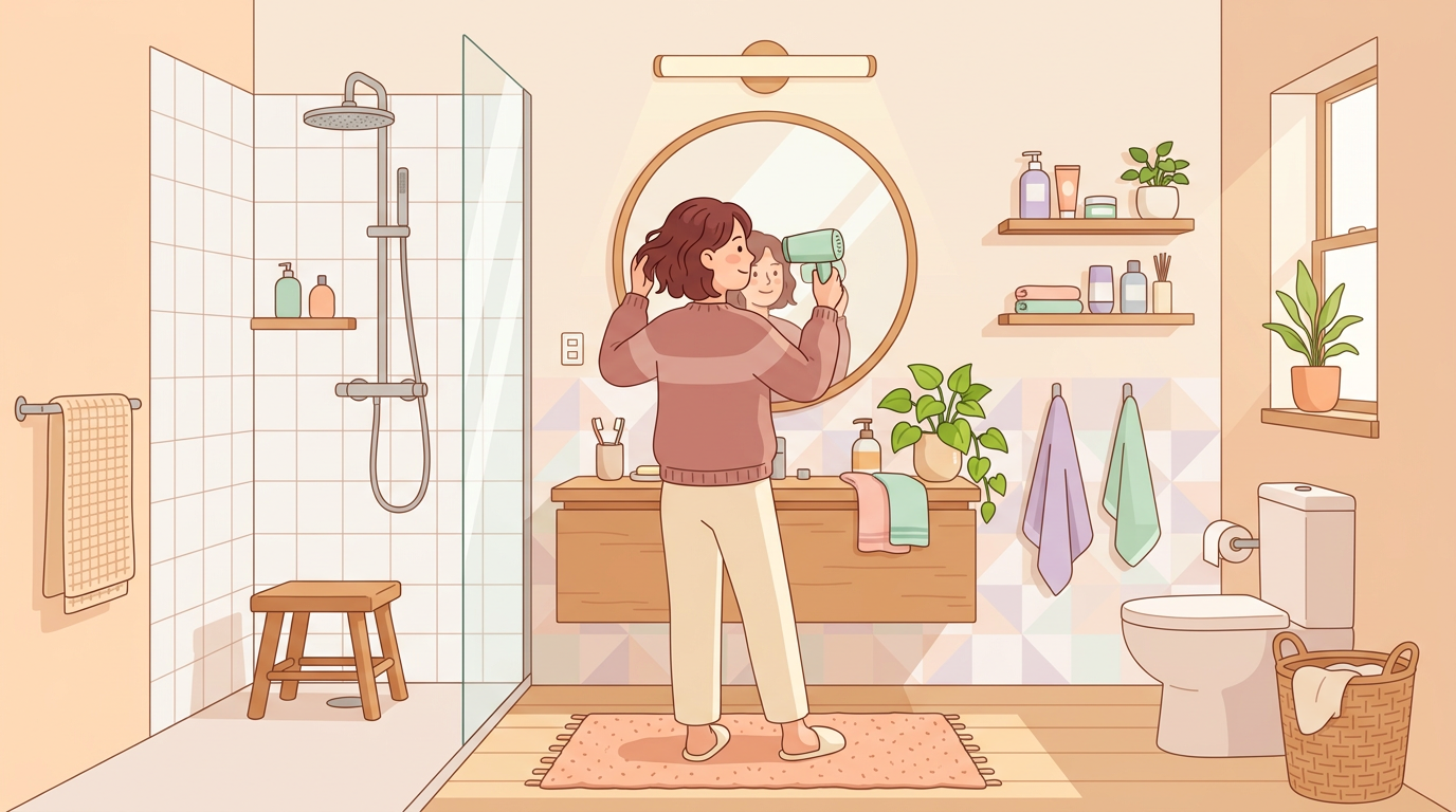 Woman applying skincare while looking into a bathroom mirror