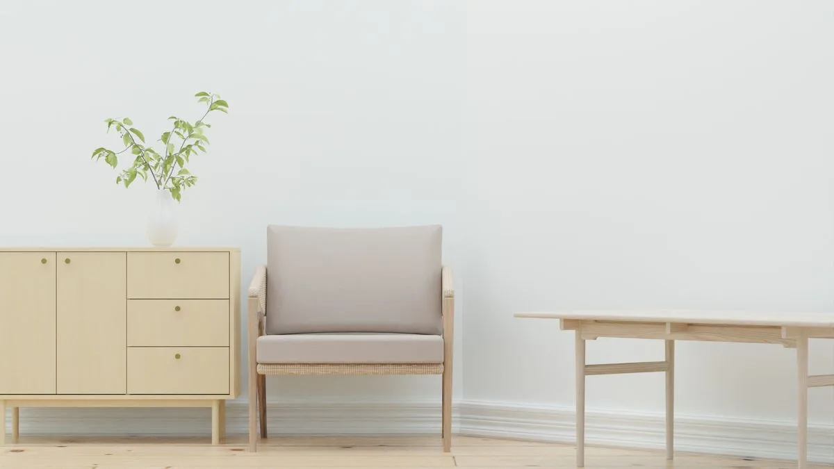 木製の家具と植物が置かれたシンプルなリビング